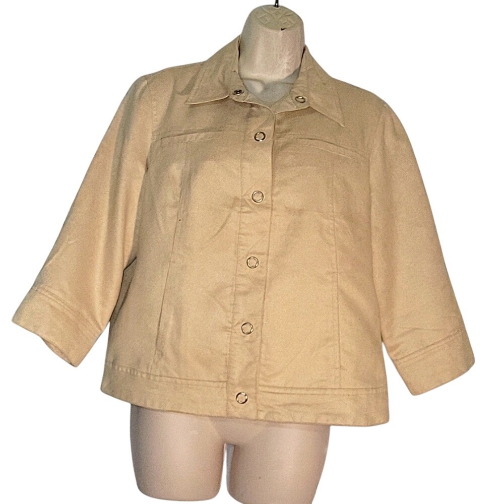 COLDWATER CREEK Tan faux leather Button Down Jacket Cropped 3/4 Sleeve Collared